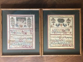 Antique English Victorian Needlepoint Sampler Set 1869 By 2 Cowton Sisters,  9&11
