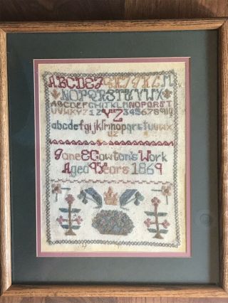 Antique English Victorian needlepoint sampler set 1869 by 2 Cowton sisters,  9&11 2
