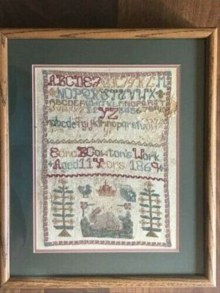 Antique English Victorian needlepoint sampler set 1869 by 2 Cowton sisters,  9&11 3