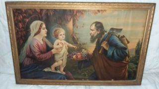 Antique Religious Picture Holy Family Mary Joseph & Jesus Bright & Vivid