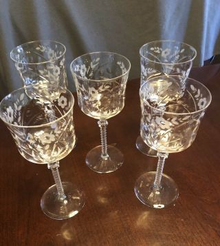 Flower Etched Optic Panel Crystal Wine Glasses - Vintage - Set Of 5