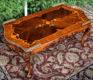 1910s Antique Weiman French Carved Walnut & Satinwood Inlay Coffee Table