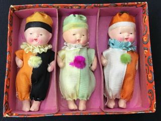 Vintage Set Antique Bisque Dolls Figurines Baby Clown Made In Japan Box