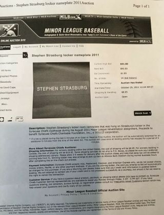 STEPHEN STRASBURG game locker nameplate MINOR LEAGUE WASHINGTON NATIONALS 3