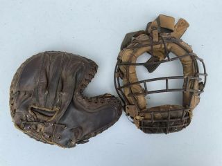 Antique Goldsmith Leather Steel Baseball Catcher Goggle Mask Spalding Mitt Glove