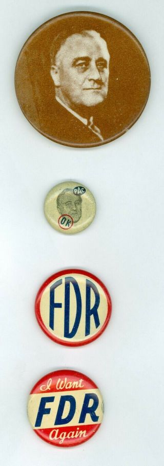 4 Vintage 1940 - 44 President Franklin Roosevelt Campaign Pinback Buttons Again