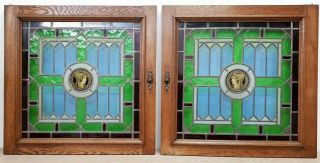 Pair Antique Stained Glass Panels Reclaimed Cabinet Doors E/0341