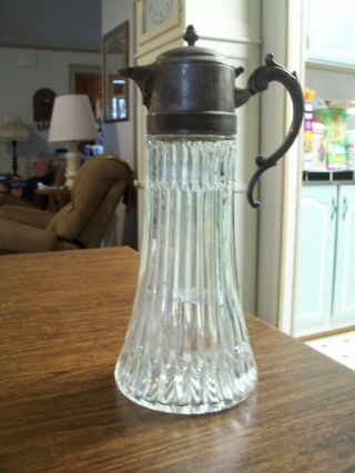 Vintage Silver Plate & Cut Glass Wine Pitcher Decanter Jug W/ Ice Insert 14 " Vgc