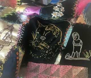 52 Antique Folk Art Cat Floral Embroidery Calico Silk Velvet Crazy Quilt Blocks