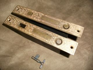 Pair Pocket Sliding Door Mortise Lock W/ Key - Fancy Face Brass W/patina