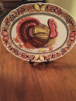 Vintage 19” Large Embossed Tom Turkey Thanksgiving Platter Hand - Painted