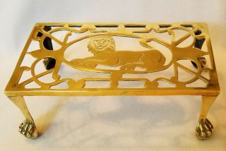 19th Century English Brass Hearth Trivet Pierced Lion On Ball Claw Feet 10 - 3/4 "