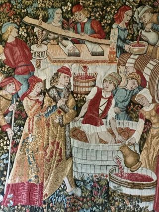 Large Vintage Wall Tapestry Of Medieval Wine Making Scene: Italian Imports,  Inc