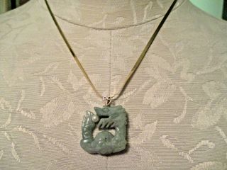 Vintage Carved Jade Dragon Pendant With Natural Pearl & 14k Chain