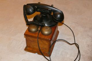 Antique Western Electric Company Telephone W/ Oak Ringer Box Crank & Bells Work