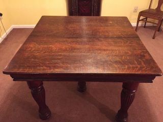 Antique Five Leg Oak Dining Table With Two Leaves And Castors Tiger Wood
