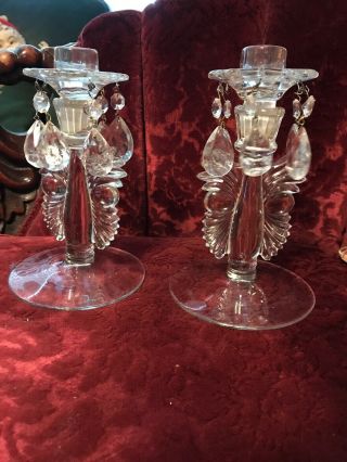 Set Of 2 Vintage Taper Crystal Clear Glass Candle Holders Candlesticks W/prisms