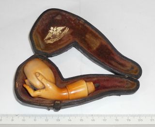 Carved Meerschaum Pipe Bowl Of A Hand Holding An Egg In Fitted Case C.  1900s