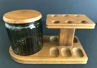 Vintage Deco Decatur Walnut Wood 6 Pipe Rack With Glass Humidor
