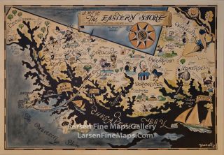 1952 A Map Of The Eastern Shore,  Rich In History,  Romance And (yum) Seafood