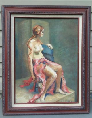 Vintage Signed Oil Painting Of Nude Seated Woman