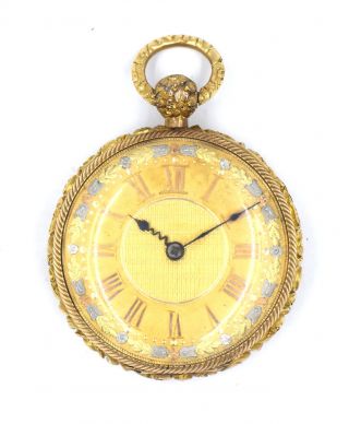 Antique Verge Fusee Open Face Pocket Watch Fancy Dial Case 18k Yellow Gold