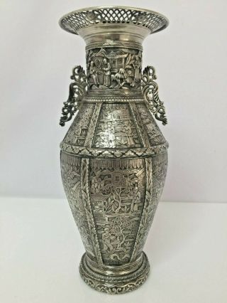 Rare Chinese Export Silver Vase 19th Century Hexagonal Shape
