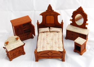 Vtg Dollhouse Miniature Victorian Eastlake Bedroom Suite Oak Artisan Rae Backes
