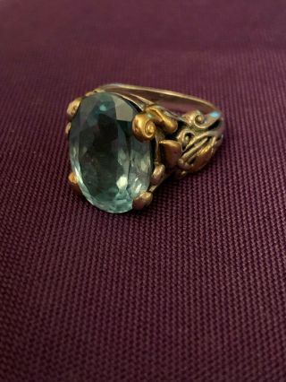 Vintage Sterling Silver,  14k Yellow Gold W/ Oval Blue Stone Ring,  7.  25 7 - 1/4