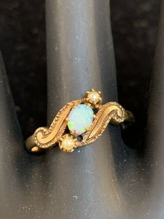 Antique 10k Yellow Gold Fire Opal And Seed Pearl Ring Signed A⭐️