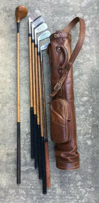 Antique Hickory Wood Shaft T.  Stewart Matched Irons Play Set W Leather Bag