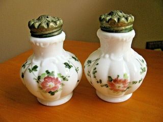 Antique Hand Painted Milk Glass Salt & Pepper Shakers Dithridge & Co