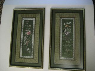 Pr Of Vintage Chinese Framed Silk Embroidery Textile Tapestry Panels