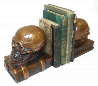 Antique Armor Bronze Co.  Bronze Clad Human Skull Medical Bookends