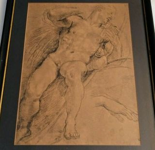 Antique Michelangelo Buonarroti Museum Art Print Study Of A Nude Male Sketch