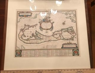 Large 29 X 27 Framed 1641 Bleau Map Of Bermuda Bright Detail Us Estate Item