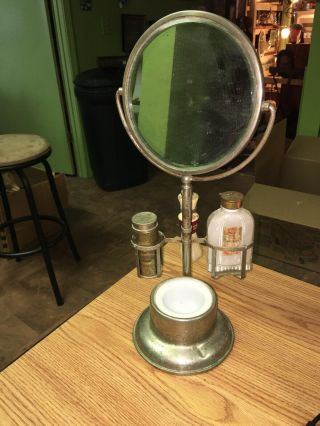Antique Men’s Shaving Stand With Mirror Bowl Brush And More