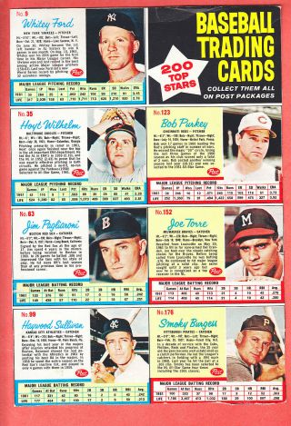 1962 Post Baseball Uncut Sheet Of 7 Cards.  3 Hofers.  Ford,  Torre Rookie,