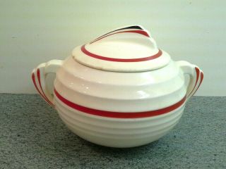 Vintage Yorktown Sugar Bowl With Lid,  Ribbed Art Deco Design With Red Stripes