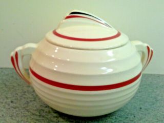 Vintage YORKTOWN SUGAR BOWL WITH LID,  Ribbed Art Deco Design With Red Stripes 2