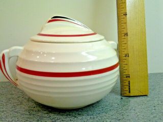 Vintage YORKTOWN SUGAR BOWL WITH LID,  Ribbed Art Deco Design With Red Stripes 3