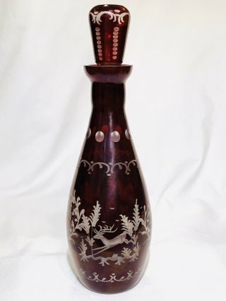 Vintage Czech Bohemian Egermann Ruby Red Cut To Clear Glass Decanter Stag