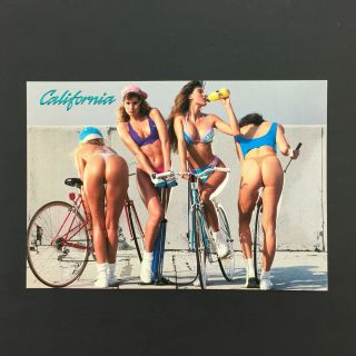 Vintage 1980s California Postcard,  Bikini Girls On Bicycles,  Bike Riding