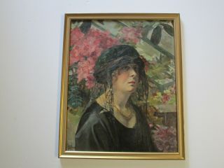 Antique Art Deco Flapper Era Painting Portrait Pretty Woman Female Model W Hat
