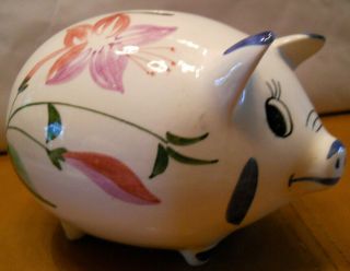 Vintage Pottery Piggy Bank Made In Secla Portugal Handpainted Flowers Ceramic
