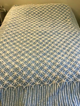 Vintage Chenille Bedspread Baby Blue And White 92 " X 103 "
