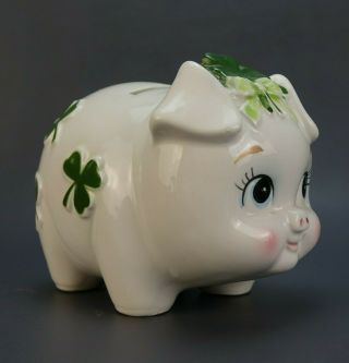 Vintage Lefton Piggy Bank Pig Green Shamrock Clovers Irish Ceramic With Sticker