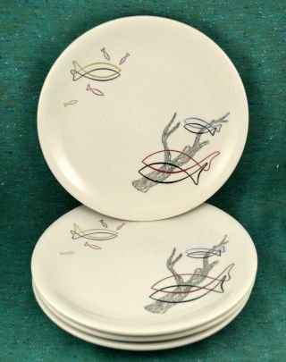 Vtg 1960s Set Of 4 Syracuse Driftwood Dinner Plates 9 3/4 " Restaurant China Fish
