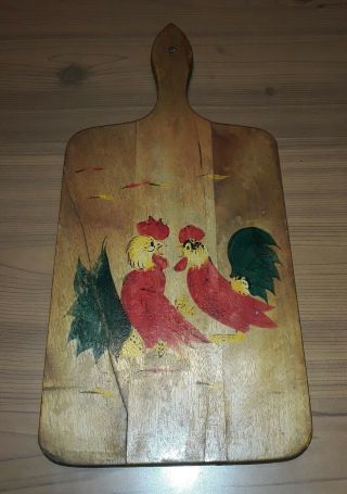 Antique Bread Cutting Wood Board Primitive Folk Art Rooster Chicken Hand Painted