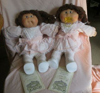 Vintage Cpk Dolls 1985 Twin Girls Brown Hair Brown Eyes With Pacifier